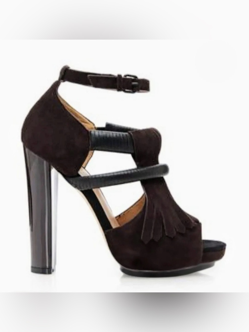 L.A.M.B. Black Brown Suede Fringe Platform Heel Sandals - Picture 1 of 7